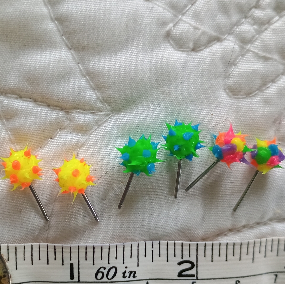 Set Of 3 Pairs Of Spiky Silicone Earrings- Florescent Yellow, Green & Rainbow